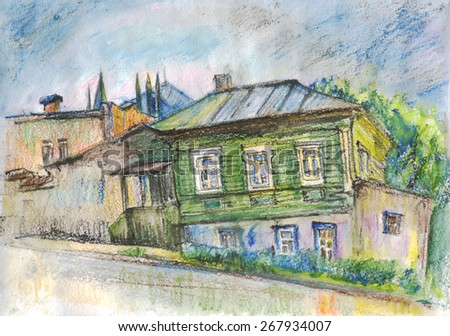 Urban landscape with an old house. Colored pencils. Watercolor
