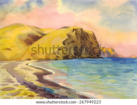 Seascape with rocks. Painting. Watercolor