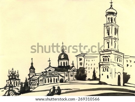 Orthodox monastery with a Church and bell tower. Pen, ink