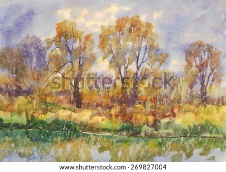 Autumn trees by the river on a rainy day. Painting. Watercolor