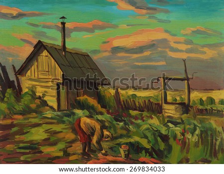 Grandmother harvests in the garden near bath and wells. Oil painting