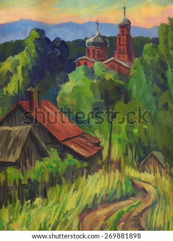 Summer landscape with a road, houses and a Church. Oil painting