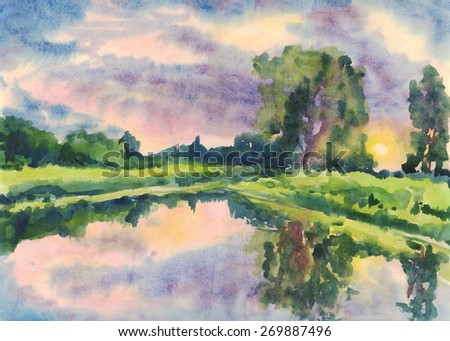 Summer landscape with trees on the shore of the lake at sunset. Painting. Watercolor