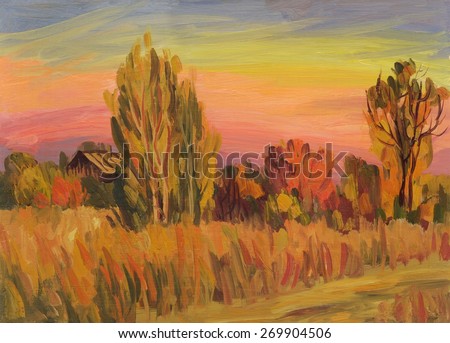 Autumn landscape with trees near the road. Oil painting