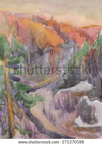 Spring landscape. The last snow in the mountains. Painting. Watercolor