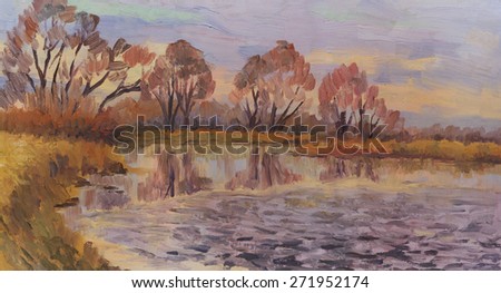 Autumn landscape showing trees on the banks of the river with reflection. Oil painting
