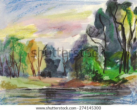 Landscape with trees and lake. Painting. Watercolor, pastel