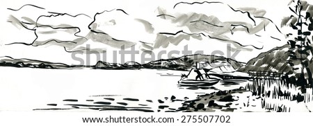 Summer landscape showing boats on the shore of the river with the mountains and clouds. Pen, ink