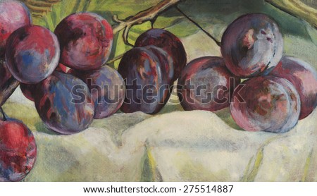 Still life shows beautiful ripe plums on a branch on white tablecloths. Oil painting