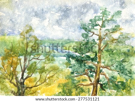 Spring rainy landscape with trees, mountains in the background. Painting. Watercolor