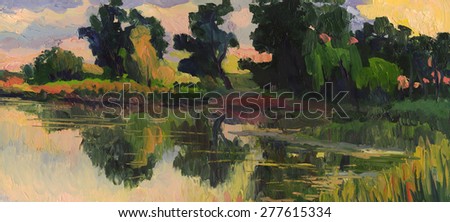 Summer evening on the lake. Oil painting