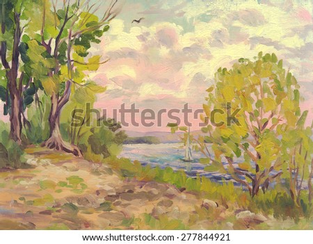 Summer landscape depicting a river Bank with trees and a sailboat. Oil painting