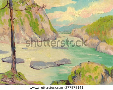 Summer landscape showing the confluence of two rivers in the mountains. Oil painting