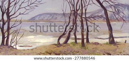Spring landscape. Panorama of the river and mountains with trees. Oil painting