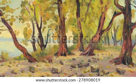 Trees on the river Bank. Landscape. Oil painting