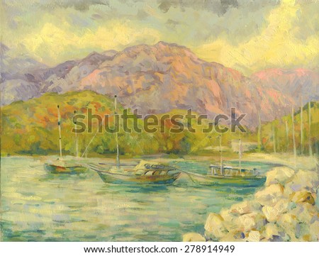 Boats in the sea Bay. Landscape. Oil painting