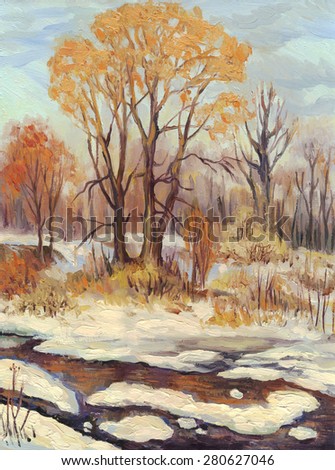 Spring landscape, the ice on the river. Oil painting