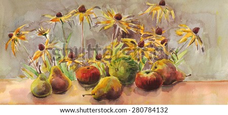 Still life with flowers and fruits, pears, apples and watermelon. Painting. Watercolor