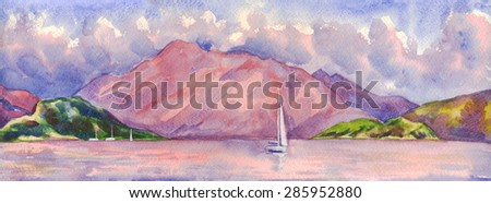 Sailing in the sea on the backdrop of panoramic mountain views. Painting. Watercolor