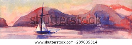 Sailboat in the sea with mountains in background. Painting. Watercolor