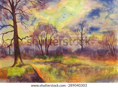 Spring landscape sunset on the river. Painting. Watercolor