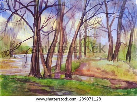 Spring landscape with trees by the river. Painting. Watercolor
