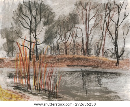 Autumn landscape. Pastel drawing