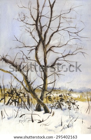 Winter landscape with a tree. Painting. Watercolor