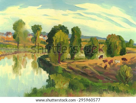 Summer landscape with cows. Oil painting