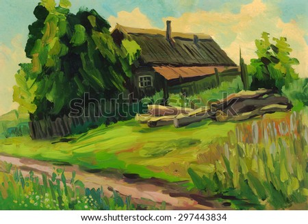 Summer landscape with farm house. Oil painting