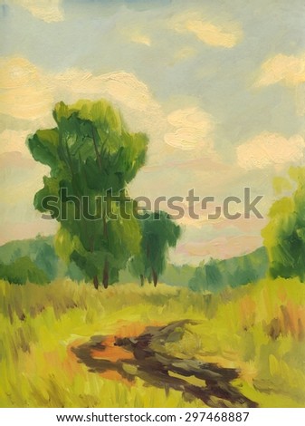 Summer landscape with trees near the road. Oil painting