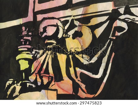 Abstract still life with a Russian samovar and a female profile. Black ink