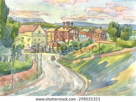 Urban summer landscape. Painting. Watercolor