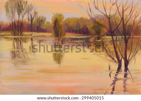 Spring flood on the river. Oil painting