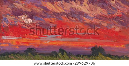 Bright summer sunset. Oil painting