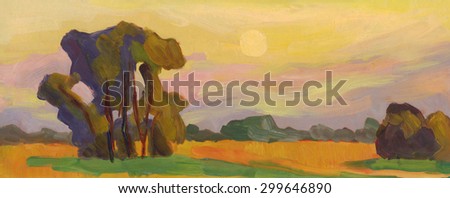 Sunny summer landscape with a large tree. Oil painting
