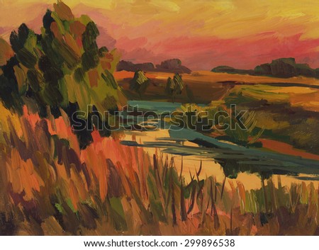 Bright summer landscape sunset on the river. Oil painting