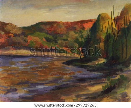 Autumn landscape. River, mountains, trees, shore. Oil painting