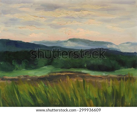 Summer landscape, panorama, mountain, forest. Oil painting