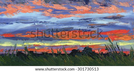 Evening landscape. Panorama of clouds. Bright summer sunset over the field. Oil painting