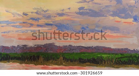 Summer sunset. Evening landscape. Oil painting