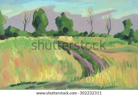 Summer landscape. Rural road. Oil painting