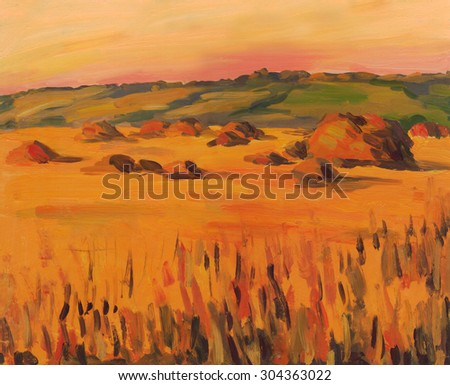 Haystacks in the field. Landscape. Oil painting