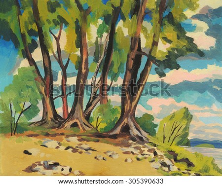 Summer landscape. Trees on the river Bank. Oil painting