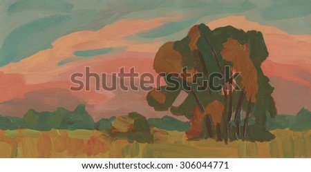 Summer landscape. A large tree in field at sunset. Oil painting