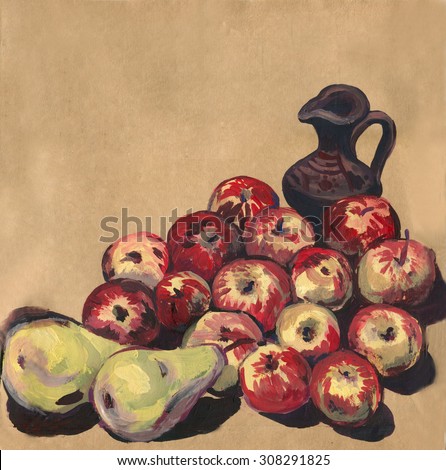 Gouache. Painting. Still life with fruit. Jug, apples, pears