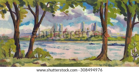 Oil painting. Summer landscape. Trees on the river Bank. Panorama city