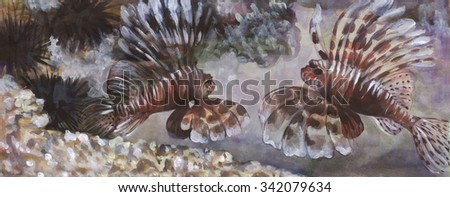 Lion-fish, sea urchins, corals underwater. Watercolor painting