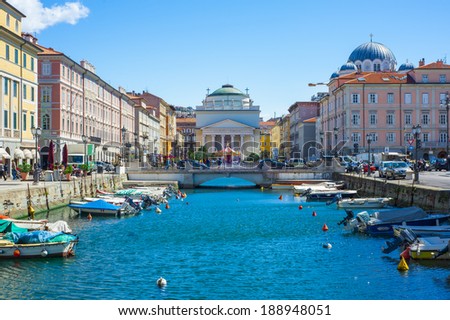 Trieste, Italy - April 15, 2014: The huge church of St. Antonio Thaumaturgo is situated at the northern end of the Canale Grande. represents one of the emblems of the Trieste, city.