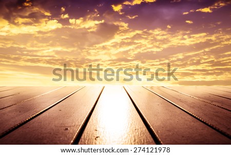 Empty perspective room with sunset sky and wooden plank floor,Template mock up for display of your product